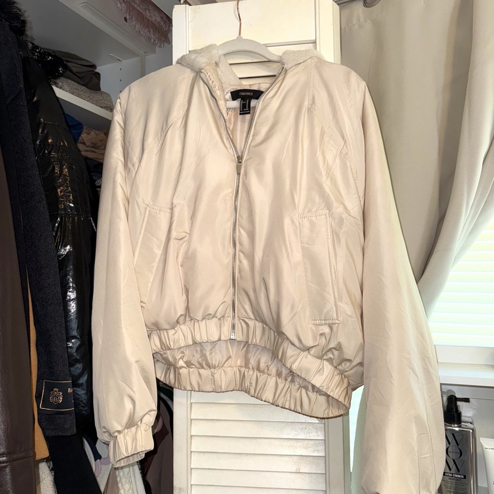 Forever 21 Bomber Zip Up Hoodie in Cream